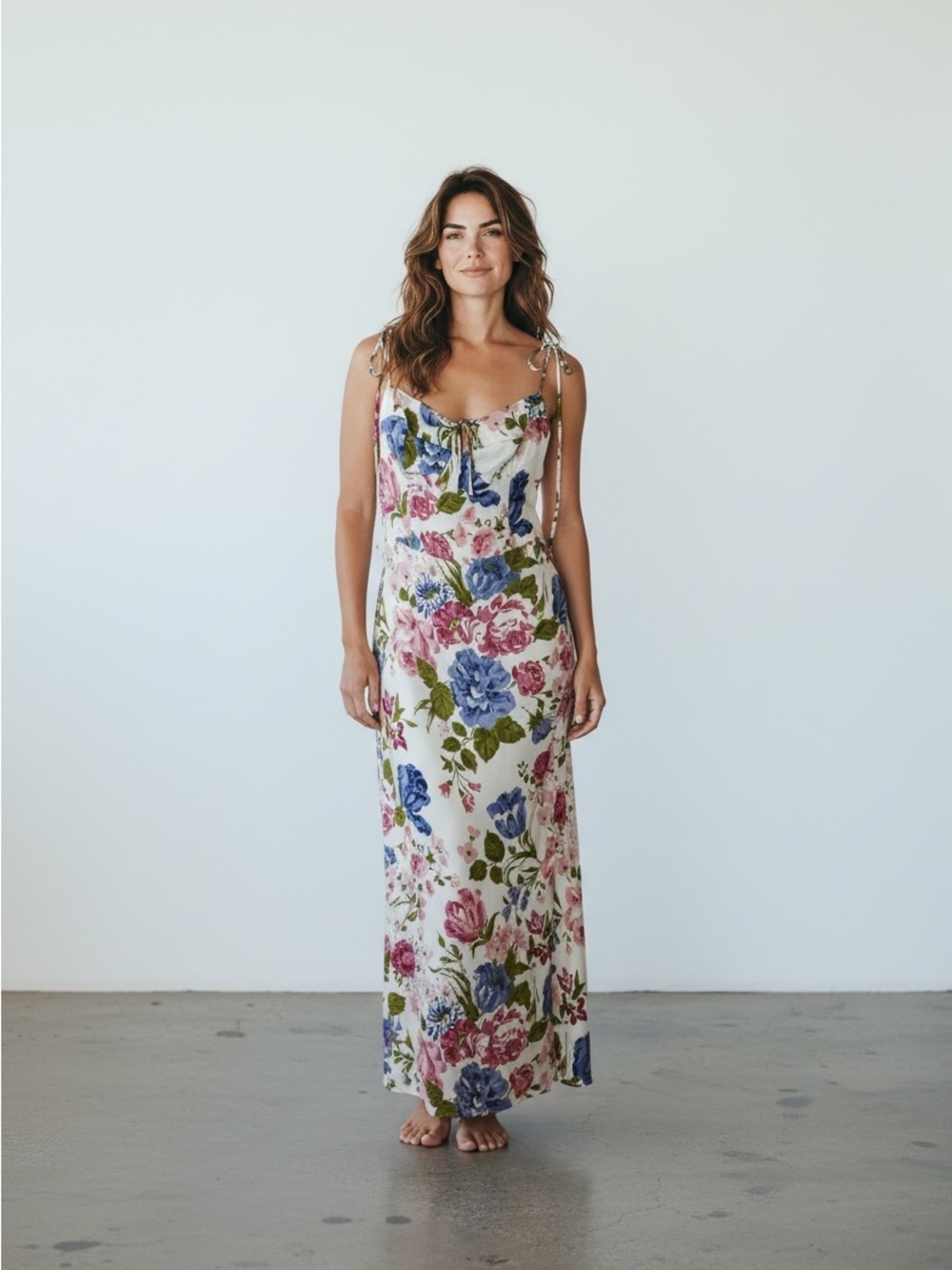 Reformation Floral Tie-Shoulder Maxi Dress in Cream with Blue & Pink Blooms